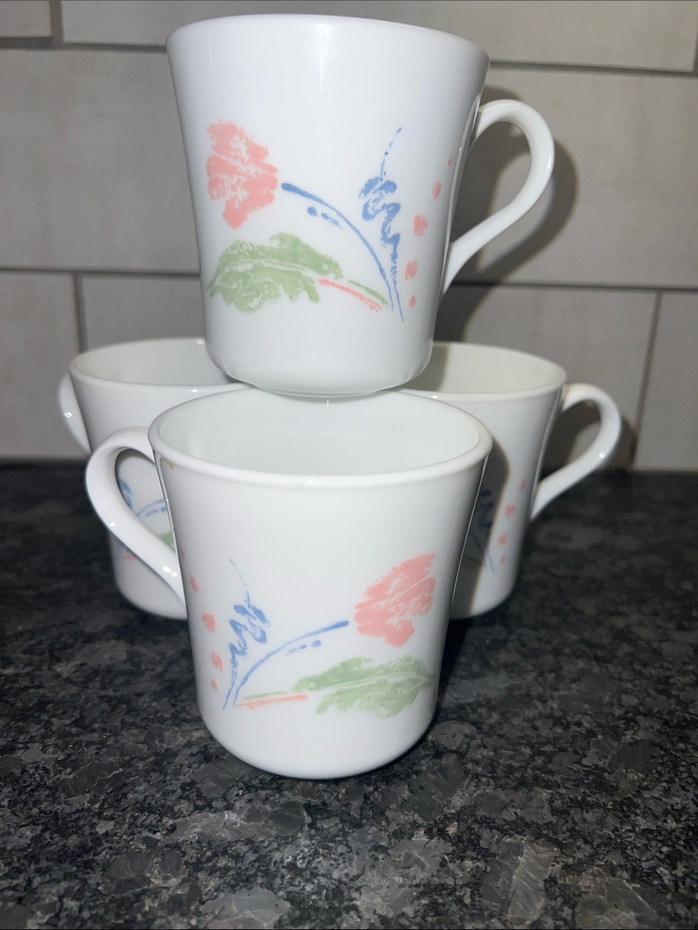 Corelle PASTEL BALLET White Floral Porcelain Mugs - Set of 4. LIKE NEW